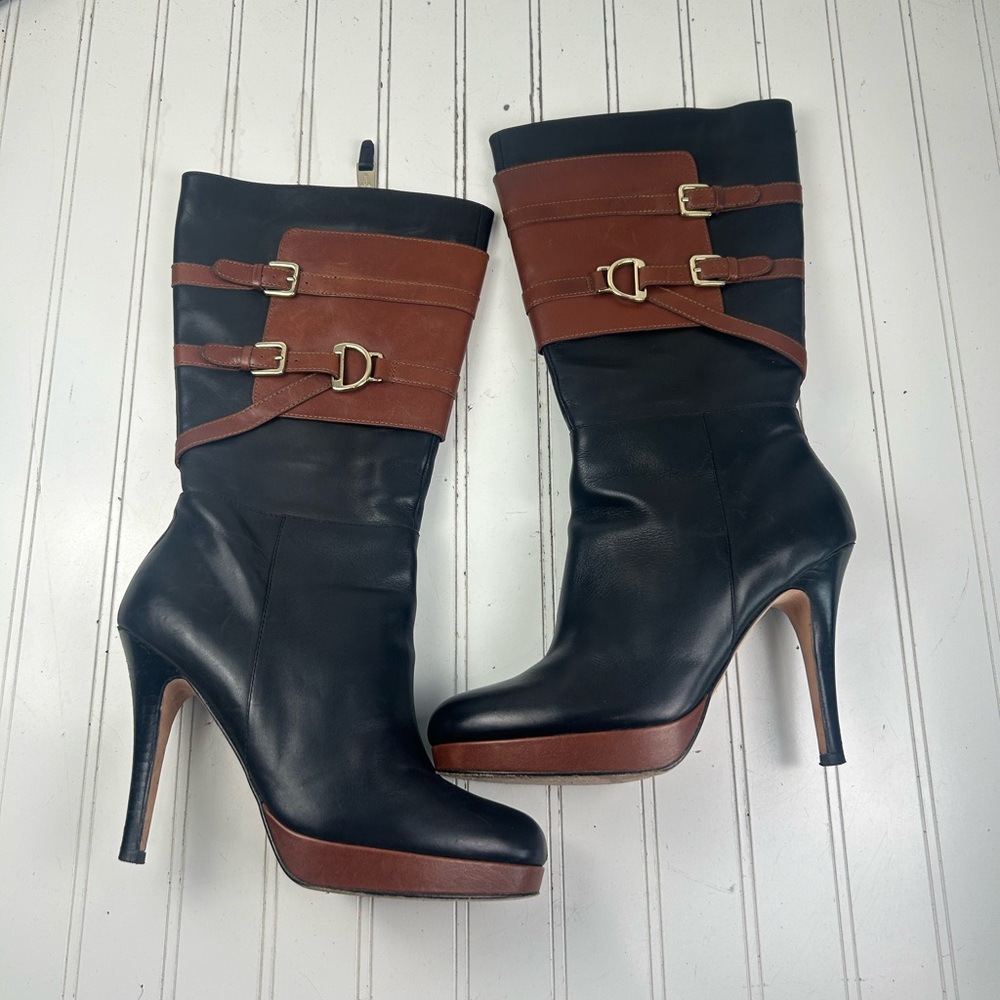 Cole Haan Carolyn Equestrian Black Brown Leather Boots Womenโs Size 10 - Picture 2 of 11